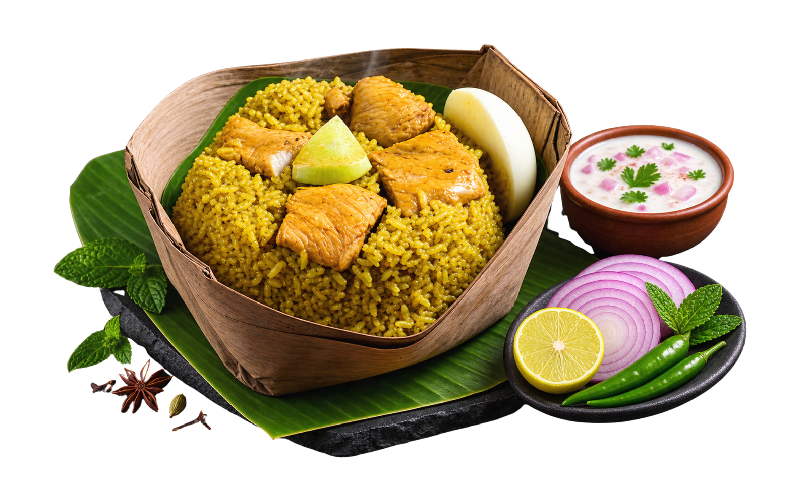Sughandh Donne Biryani served with traditional accompaniments