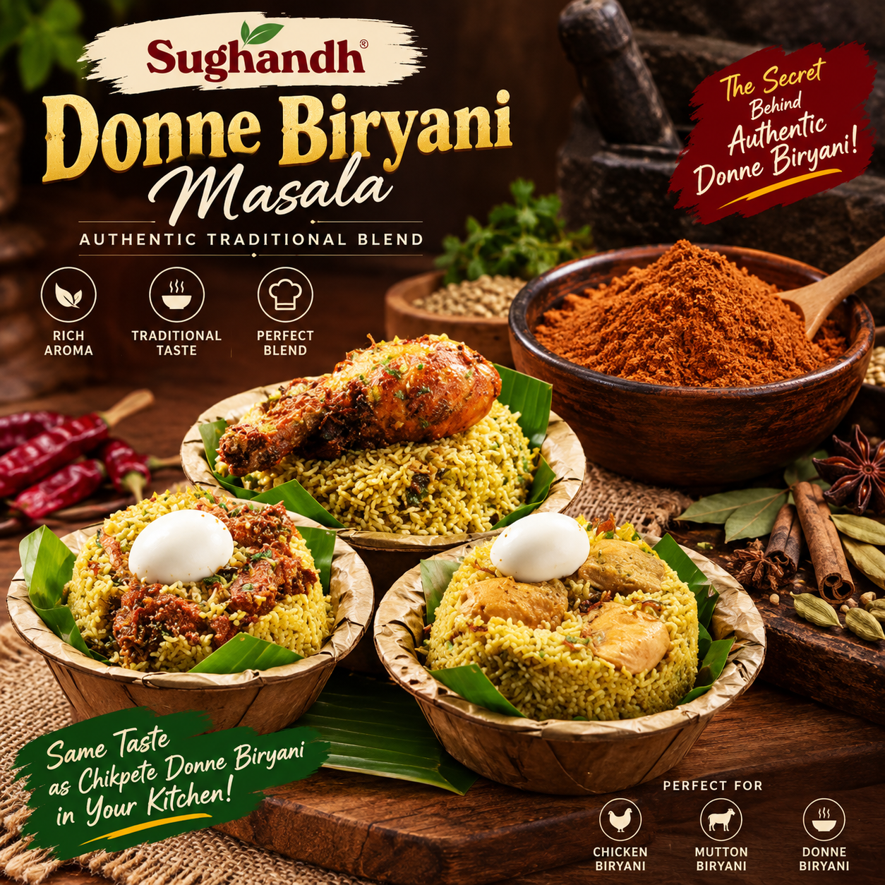 Sughandh Donne Biryani Masala 450g with authentic Chikpete Donne Biryani