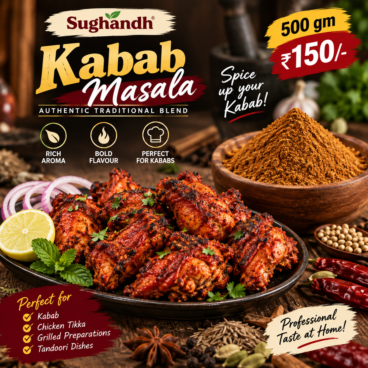 Sughandh Kabab Masala 500g with authentic kabab and grilled chicken