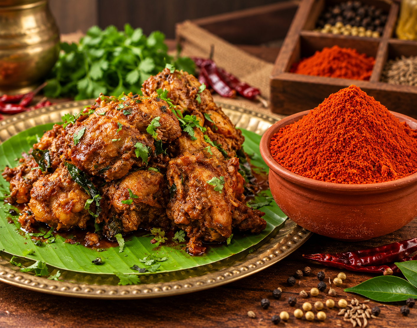Sughandh Guntur Masala 80g with spicy Guntur-style chicken preparation