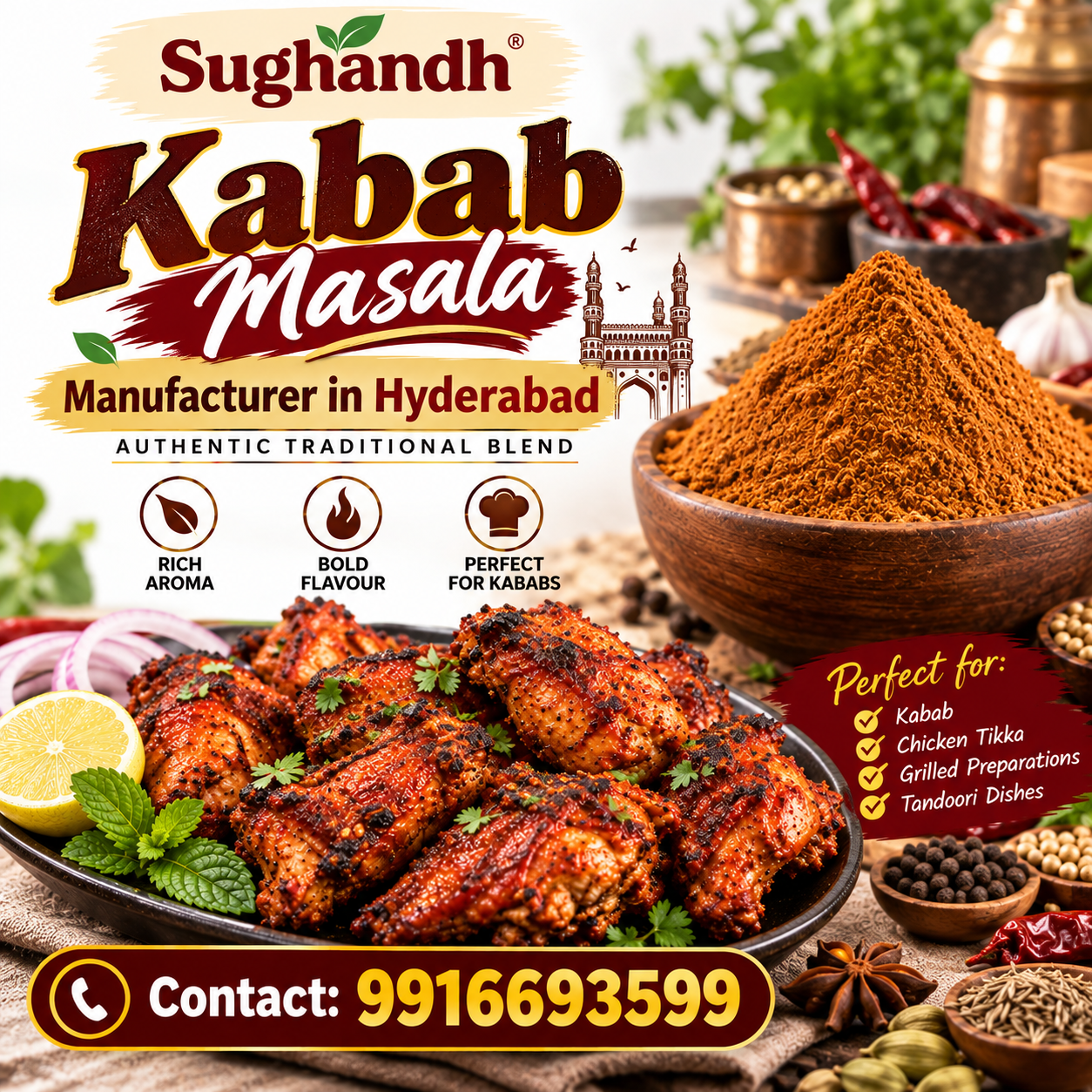 Sughandh Kabab Masala by Sughandh Enterprises for kababs, chicken tikka and grilled dishes.